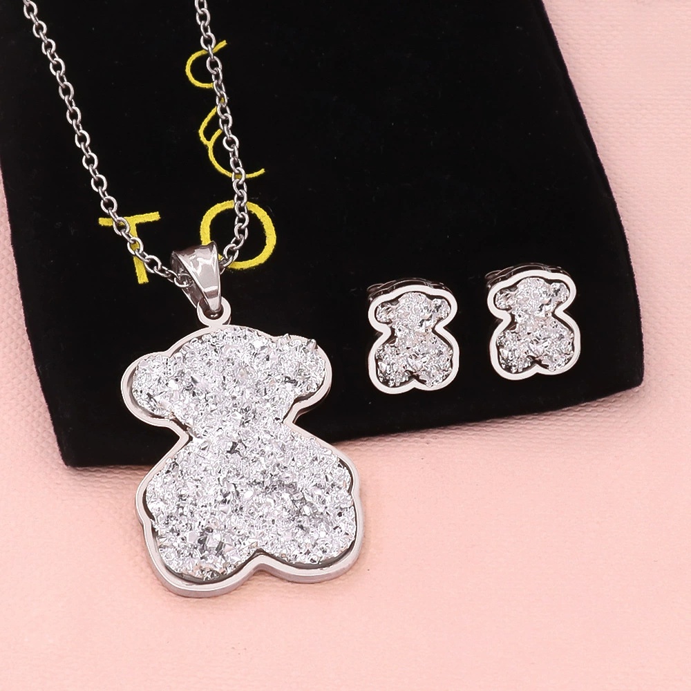 Fashion Women Men Silver Gold Stainless Steel Bear Cartoon Animal Round Black Grey White Frost Bead Chain Pendant Earrings Sets Span Jewelry