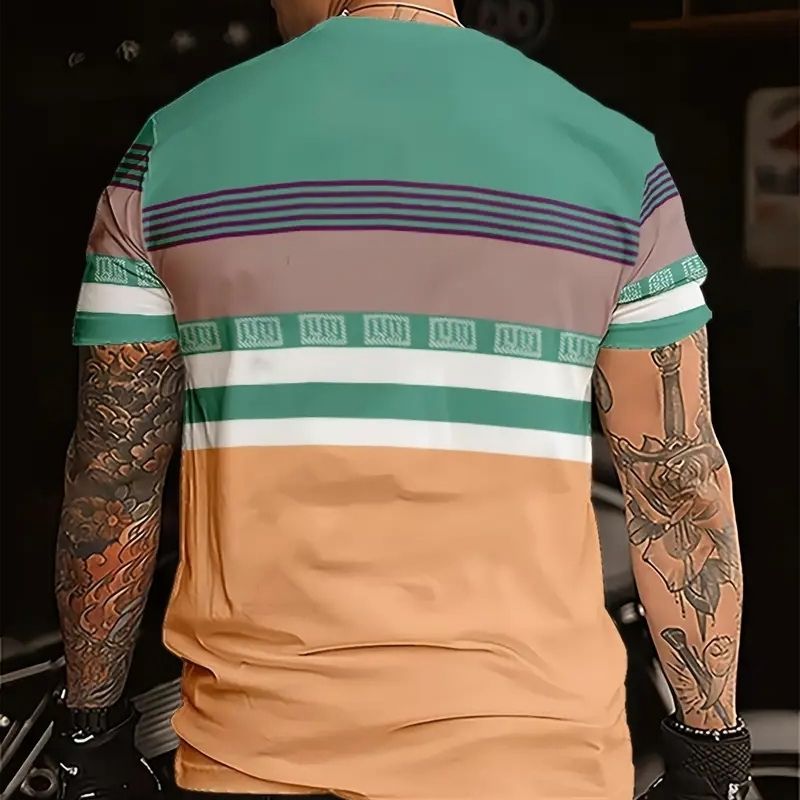 Men's Color Block Striped Casual T-Shirt - Retro Style Short Sleeve Tee-46