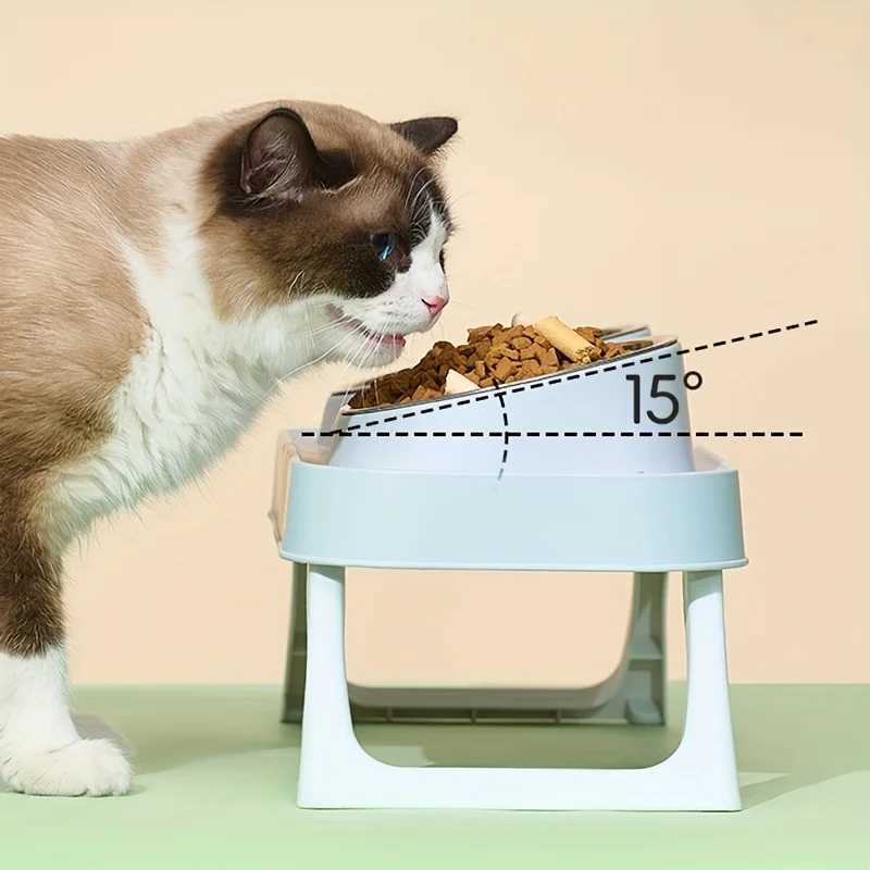 PlasticStainless Steel Foldable Cat Feeder NonSlip Pet Double Bowl With Stand Raised Cat Drinking Bowl Cat Accessories C251009