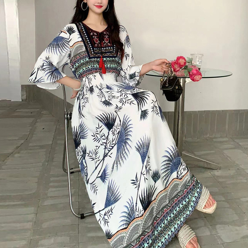 Womens evening dress retro print Sundress summer flame sleeves casual loose Vestido 250328
