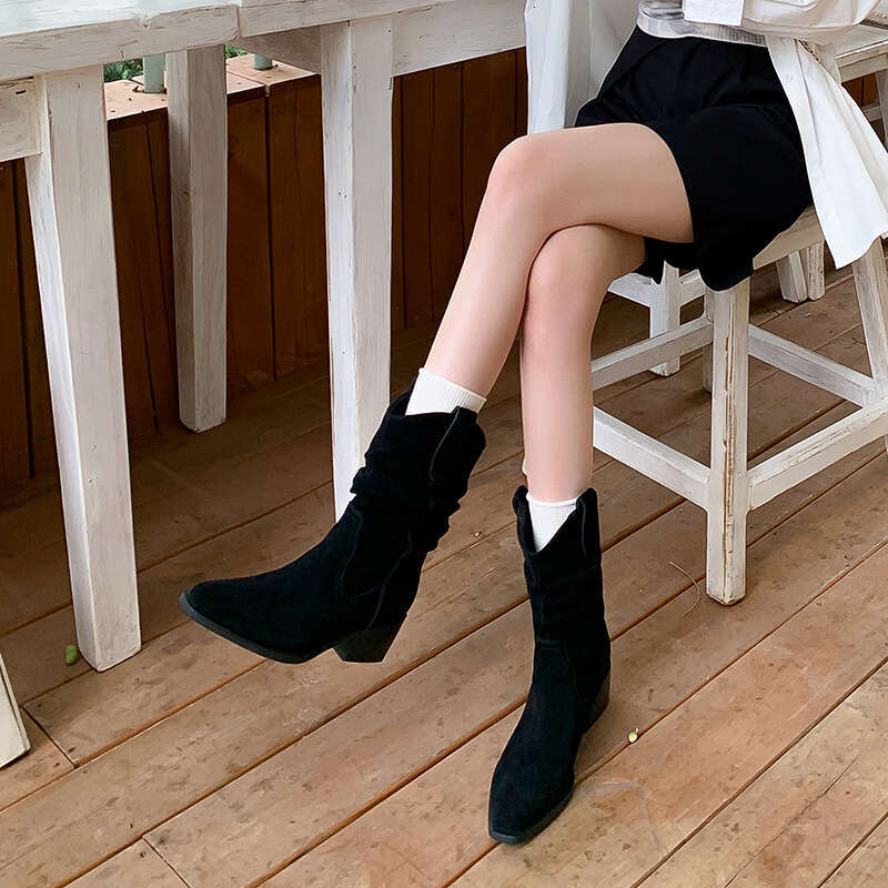 Genuine Leather Cow Suede Melard for Women Brown Wrinkled Slouch Western Cowboy Mid-Calf Short Martin Boots