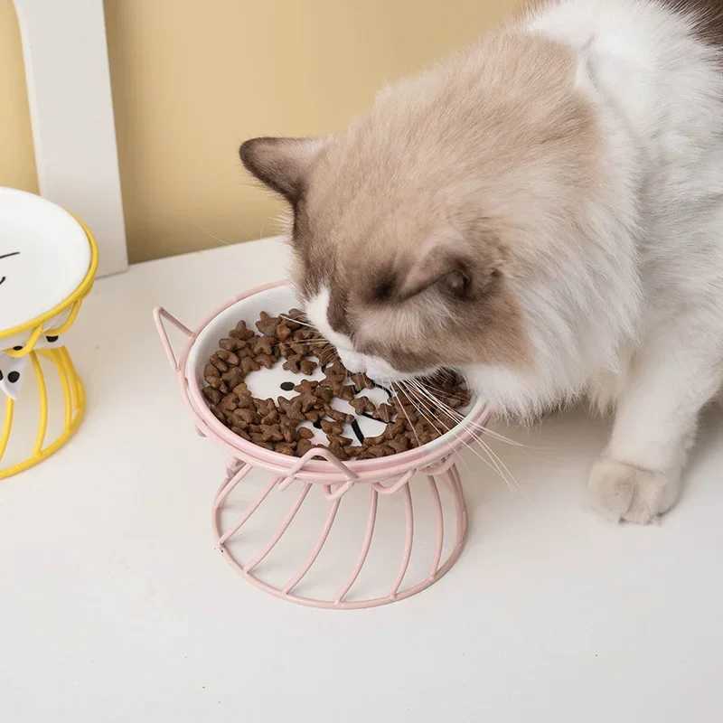 Cat Bowl Ceramic HighFoot Neck Guard Food Bowl Shallow Mouth Large Caliber Pet Food Bowl C251009