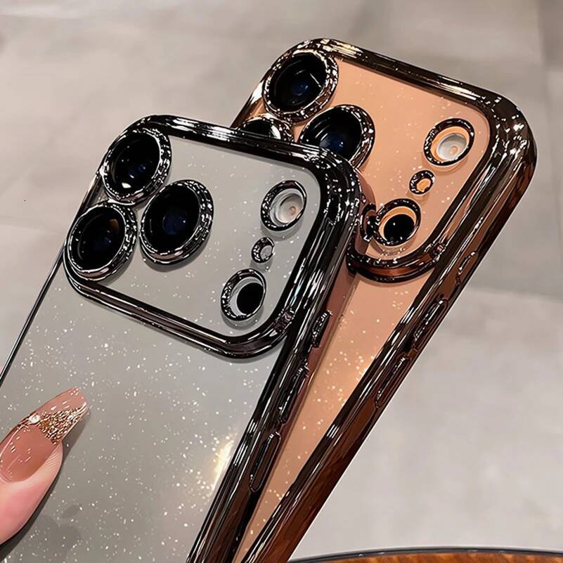 Ultra Thin Slim Transparent Glitter PC Case for iPhone 16 15 14 13 12 11 Pro Max Plus 17 Air Clear Camera Protector New Cover
