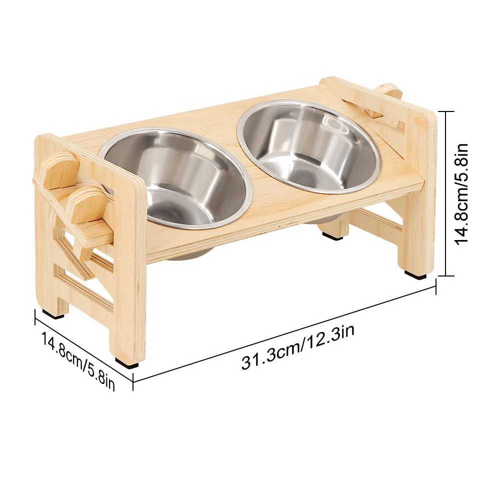 Adjustable Heightened Cat Bowl Stand for Small Dogs and Cats Sturdy Wooden Pet Food Feeder with 2 Stainless Steel Bowls C251009