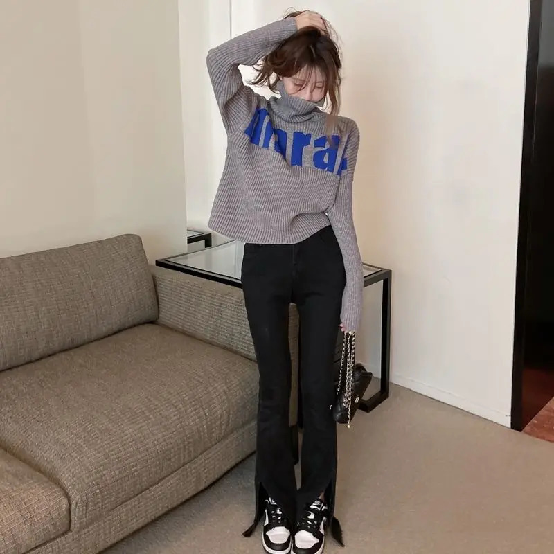 Turtleneck Sweater Women Autumn Winter Casual Korean Top Tee Loose Thick Knitting Pullovers Women Clothes Letter Trend Coat 251009