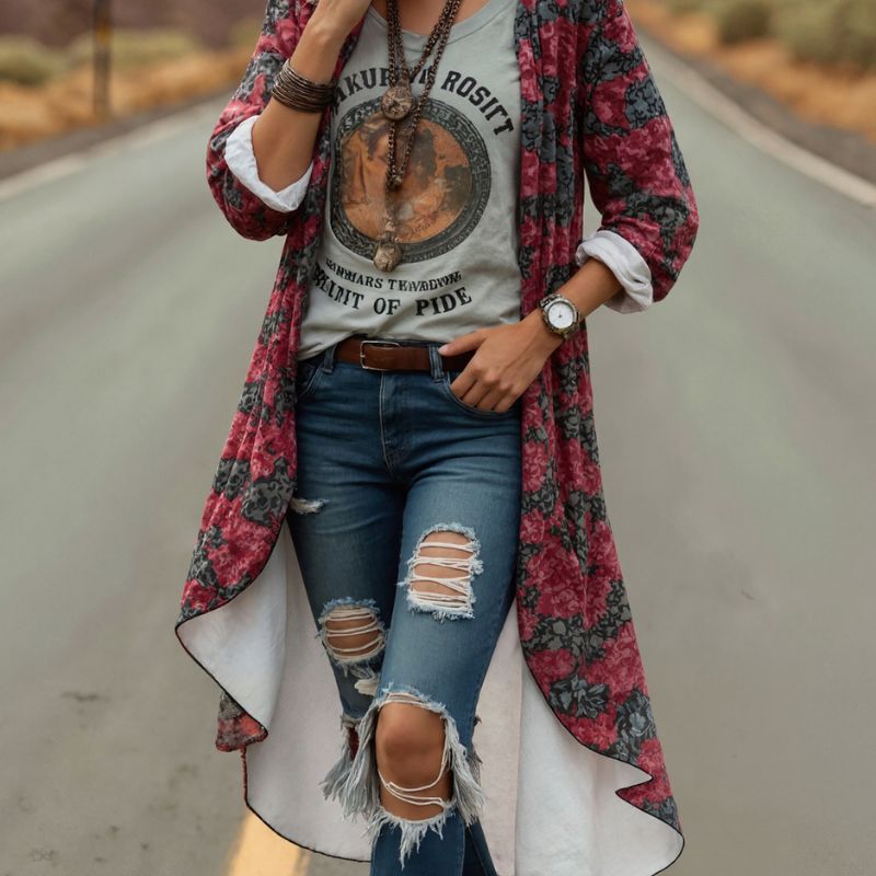 Women's Autumn New Fashion Bohemian Floral Print Open Front Coat - Casual Versatile Vacation Outerwear-CF55069
