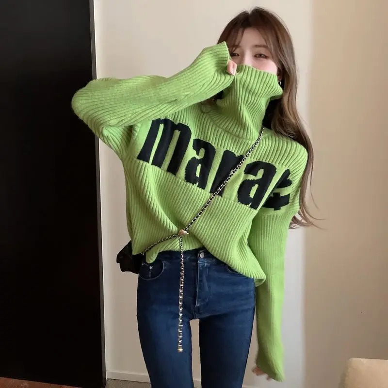 Turtleneck Sweater Women Autumn Winter Casual Korean Top Tee Loose Thick Knitting Pullovers Women Clothes Letter Trend Coat 251009