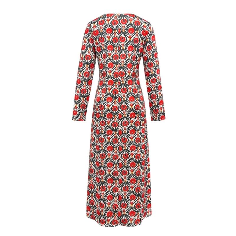 Women's Autumn Winter Floral Print Long Sleeve Maxi Dress - Elegant Versatile Casual Dress-CF55125