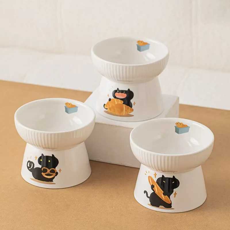 Elevated Ceramic Cat Bowl Wide Mouth AntiSlip Pet Dish Neck Protection Design Prevents Spills C251009