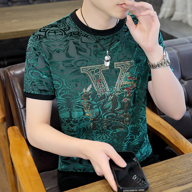 European Station Short Sleeve T-shirt Men Designer Shirt Famous Brand European Goods Hollow Designer Hoodie Silk T-shirt Fashion Trendy Brand Flocking