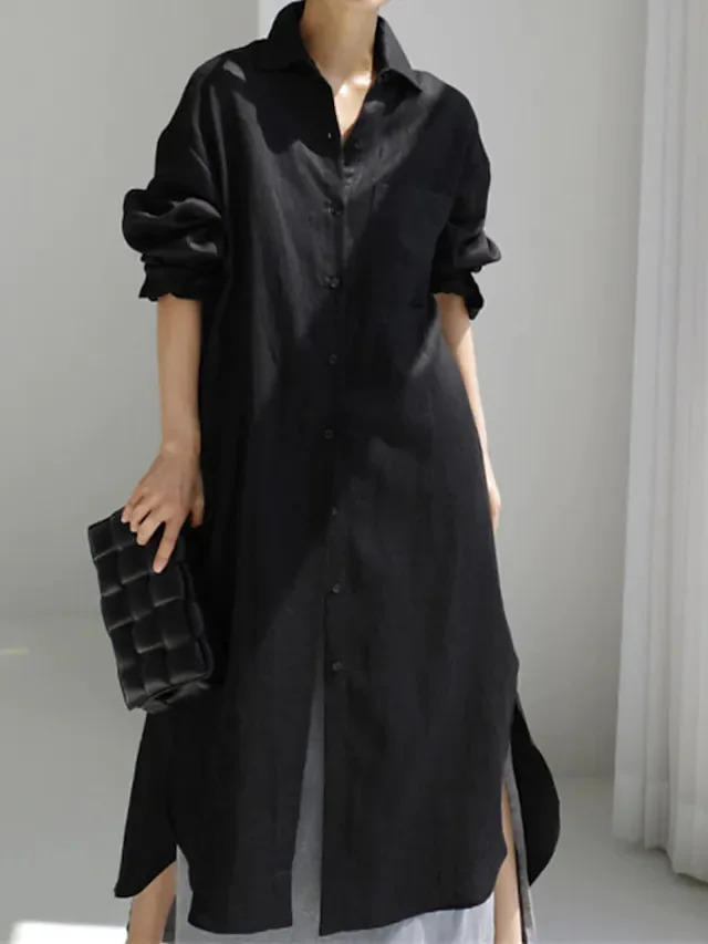 Spring Cotton Linen Oversize Women Dress Black TurnDown Collar Loose Dresses Female Elegant Casual Trendy Ladies Clothes 251010