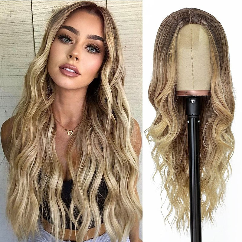 Short Wavy Brown Black Ombre Wigs with Bangs Medium Length Curly Fluffy Wavy Synthtic Wig for Women Daily Cosplay Fake Hairs
