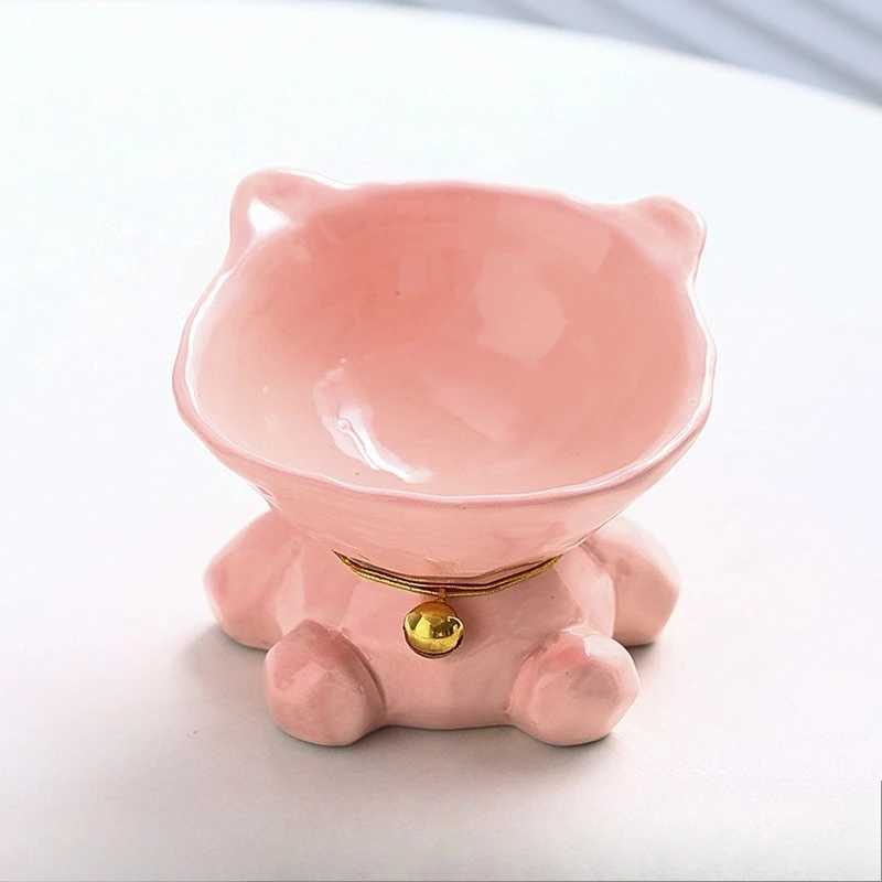 New Cat Bowl Ceramic Large Diameter Pet Bowl Diagonal Mouth Neck Protection Cat Food Bowl High Foot Cartoon Animal Ceramic Bowl C251009