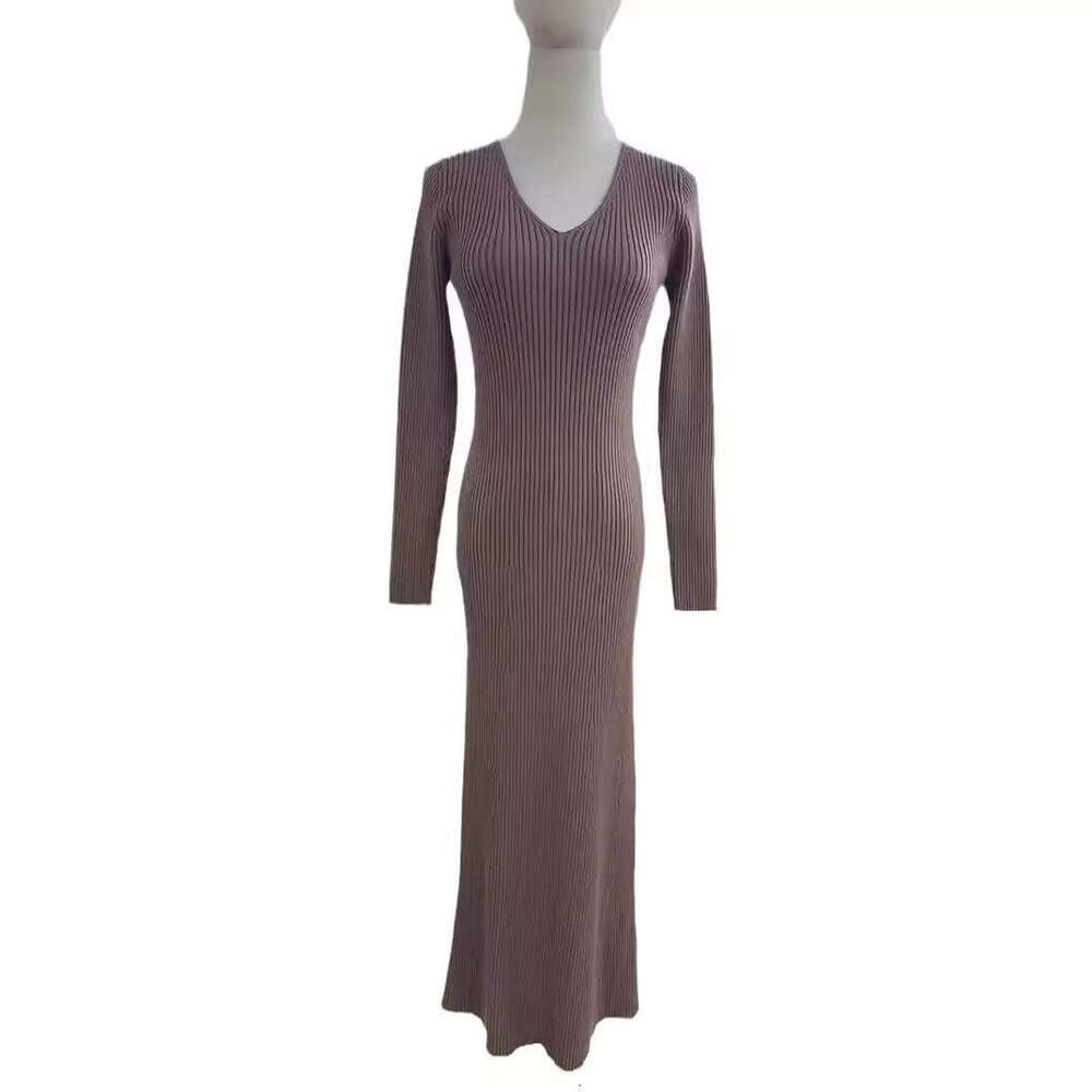 Long Sleeve Knitted Autumn Winter Outer Wear Bottoming Sweater V-Neck French Style Sexy Dress B5