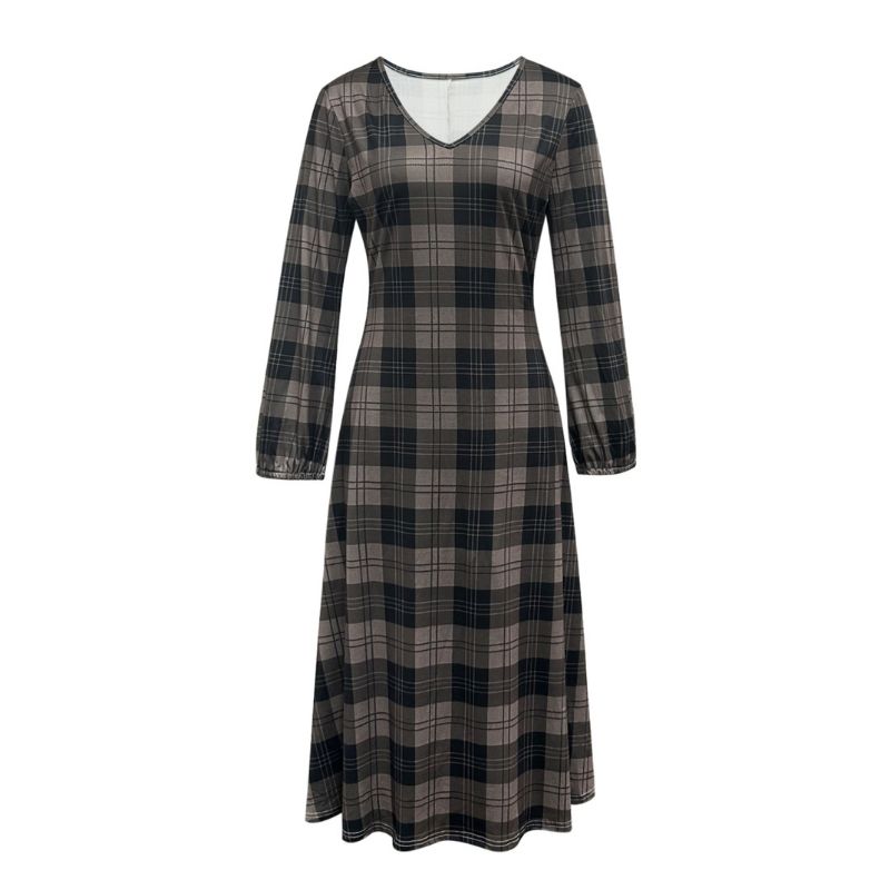 Women's Autumn Winter Plaid Print Midi Dress - Fashionable Commute Long - Sleeve Dress-CF56259