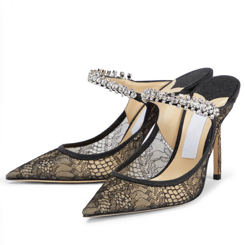 Fashion Women Sandals Pumps Senior Bing 100 mm Lace Mules In Glittered Tulle Trendy Pointed Toes Slingback Crystal Ankle Strap Designer Sandal High Heels Box EU 35-43