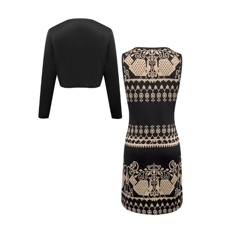 Women's Ethnic Style Printed Two - Piece Set - Long Sleeve Jacket & Midi Dress Set-CF55201