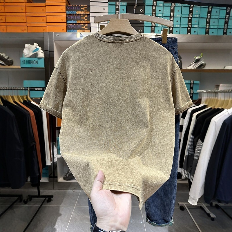 Heavyweight Washed Retro Yellow Trendy Brand Cotton Short Sleeve T-shirt Men's Summer Designer Hoodie American Style Tee Designer Shirt Youth Half Sleeve Clothing