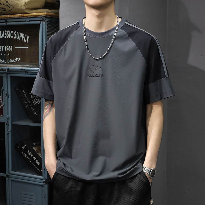Summer Thin Ice Silk Short Sleeve T-shirt For Men Sports 2025 New Designer Hoodie Quick-dry Designer Shirt Half Sleeve Ins Trendy Brand Color-block Loose Fit Tee