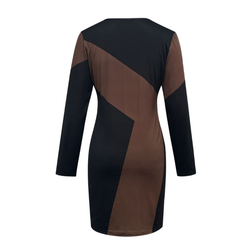 Women's Autumn Winter Fashion Geometric Color - Block Long - Sleeve Dress - Elegant Casual Crew Neck Dress-CF56221