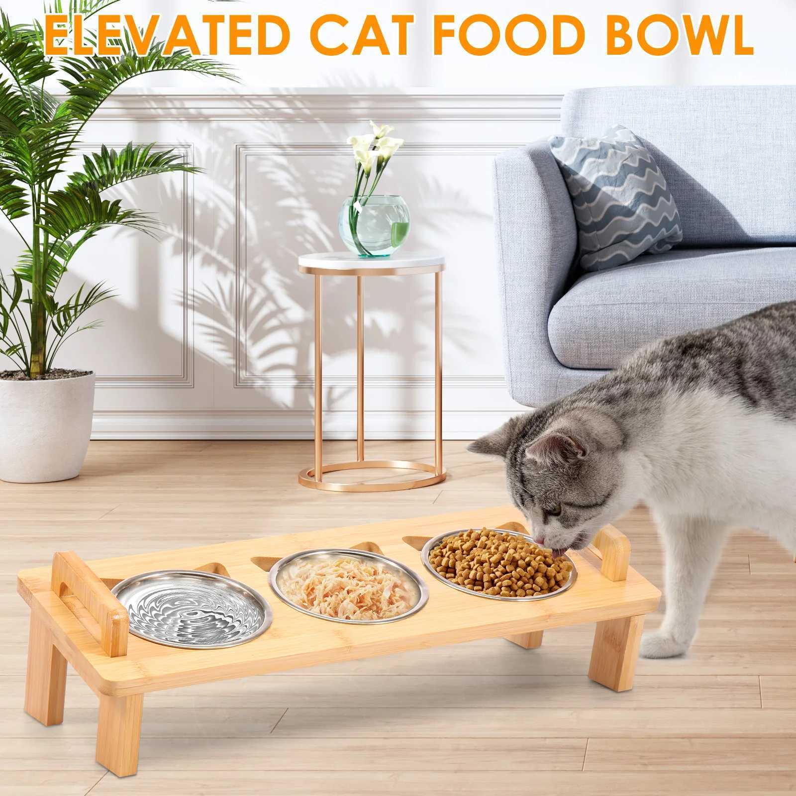 Stainless Steel Elevated Cat feeder Bowl Stand with 3 Dishes Feeder for Dry Wet Food Water AntiSlip Double Handl Cat accessories C251009