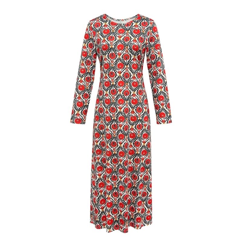 Women's Autumn Winter Floral Print Long Sleeve Maxi Dress - Elegant Versatile Casual Dress-CF55125