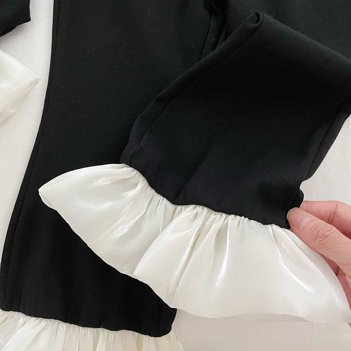 Luxury Stylish Girl's Fall Ensemble: Colorblocked Lace Top & Long Pant Combo - Trendy Kids' Fashion Collection