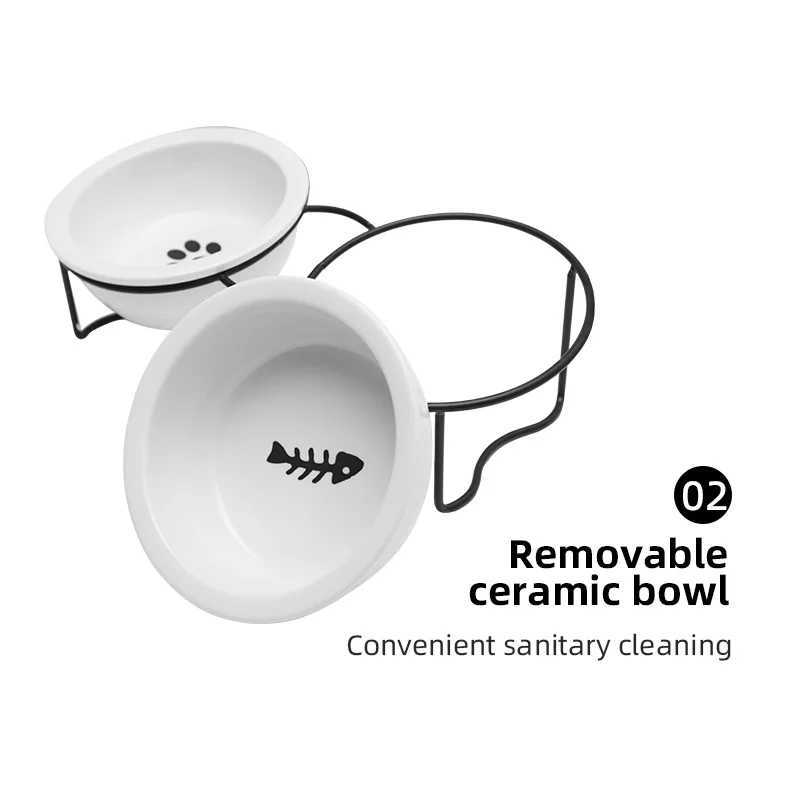 1 Set Elevated Ceramic Cat Bowls 1 Set NonSlip Ceramic Cat Food And Water Bowls With Iron Bracket Elevated Tilted Cat Feeder C251009