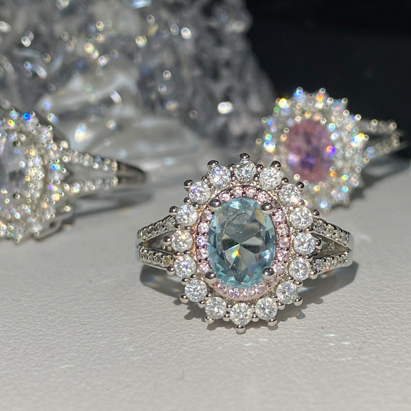 Luxury Brand Designer Jewelry Live New Pink Zircon Imitation Aquamarine Sunflower Ring For Women Luxurious Full Diamond Imitation Topaz Gemstone Jewel