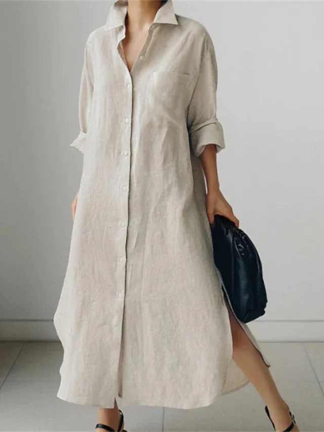 Spring Cotton Linen Oversize Women Dress Black TurnDown Collar Loose Dresses Female Elegant Casual Trendy Ladies Clothes 251010