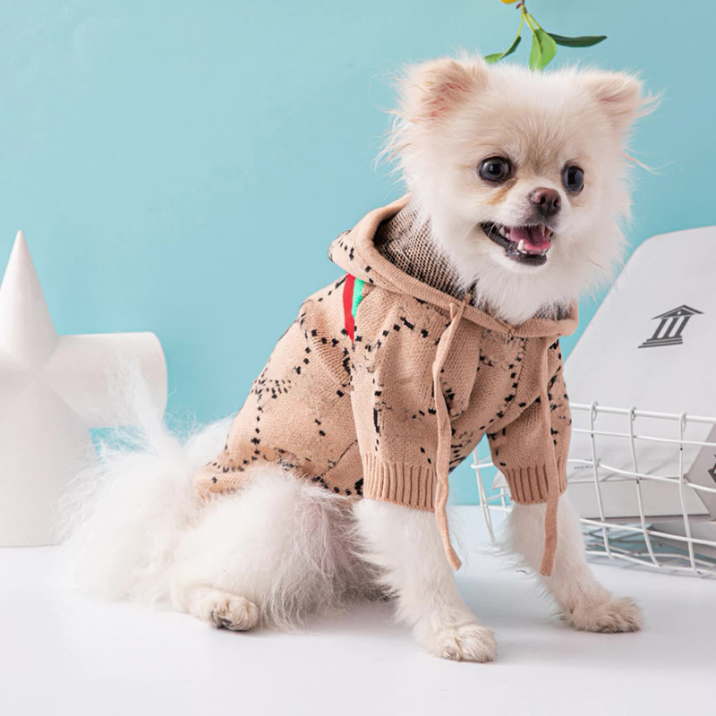 pet designer dog clothes Luxury Knit Dog Hoodie Sweater with Classic Pattern Warm Pet Clothes for Small Dogs, Autumn/Winter Fashion
