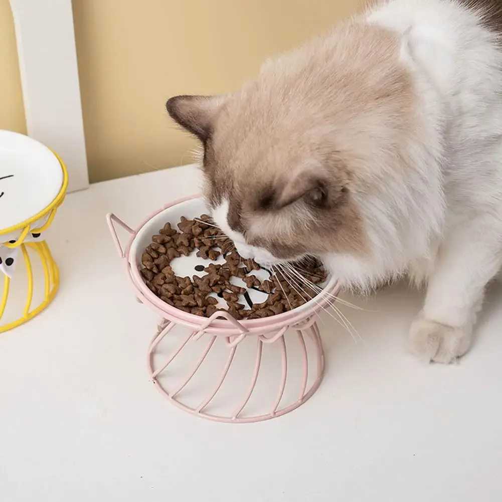 Cat Bowl Ceramic High Foot Neck Guard Food Bowl Shallow Mouth Large Diameter Pet Food Dish Garfield Cat Special Flat Face Bowl C251009