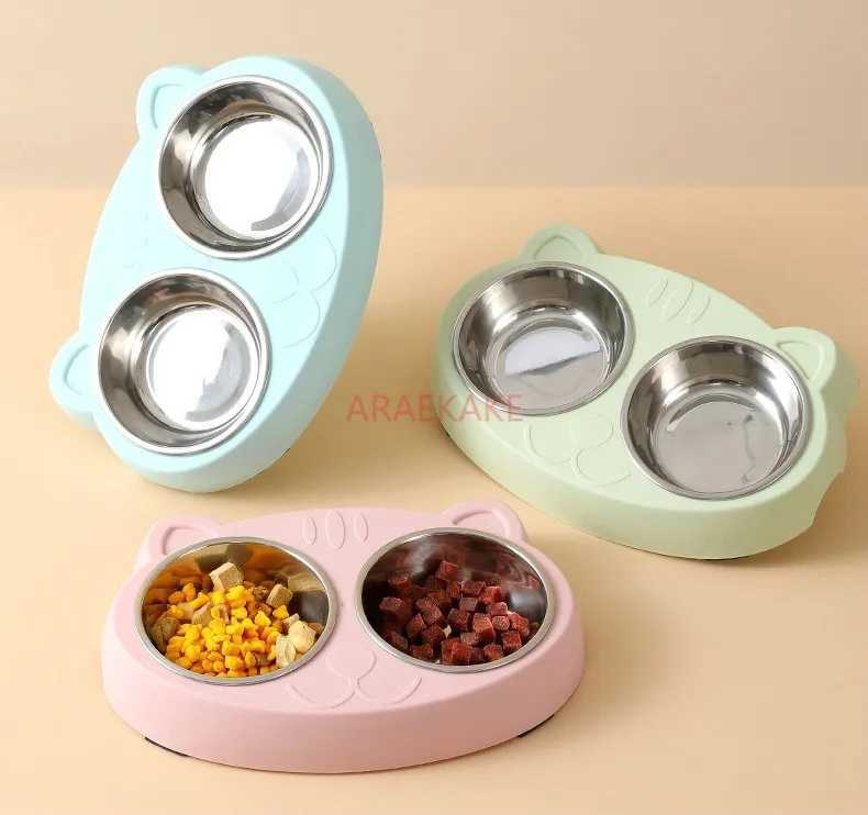 1pcs Pet Double Bowl Plastic Kitten Dog Food Drinking Tray Feeder Cat Feeding Pet Supplies Accessories bowl C251009