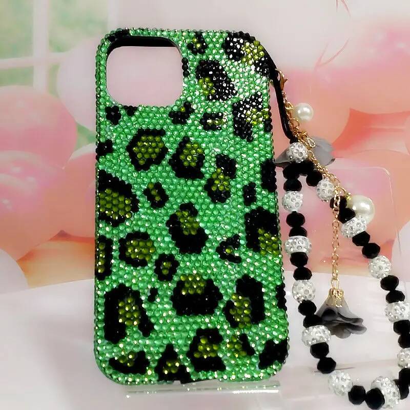 Bing Green Leopard Print Protective for iPhone11 121314 15pro Max Xs Xr Phone Case Rhinestone