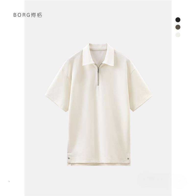 Same Style Chris Bogg Designer Hoodie Polo Shirt For Men Summer Loose Fit Solid Color Turn-down Collar Short Designer Shirt Sleeve Men's Business Apricot Color