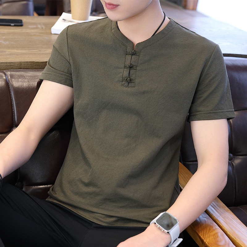 Men's Short Sleeve T-shirt Trendy Summer V-neck Designer Shirt Chinese Style Cotton Linen Men's Casual Designer Hoodie Summer Clothing Button-up Top Chinese Style