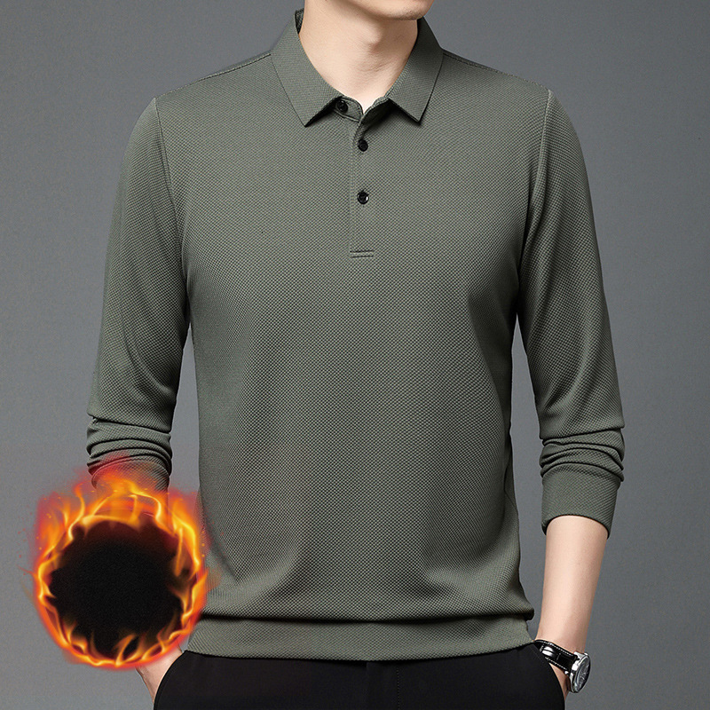 Designer Shirt Winter Men's Fleece-lined Thickened Warm Turn-down Collar T-shirt Long Designer Hoodie Sleeve Polo Shirt Solid Color Middle-aged Dad's Base Shirt