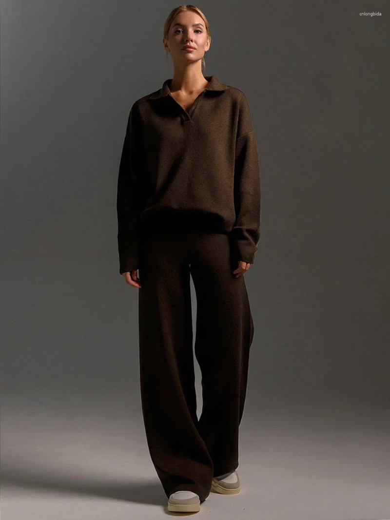 Women's Two Piece Pants Winter Thick Women Knitted 2 Pieces Sets Suits Soft Female Polo Neck Sweater Wide Leg Clothes C260312
