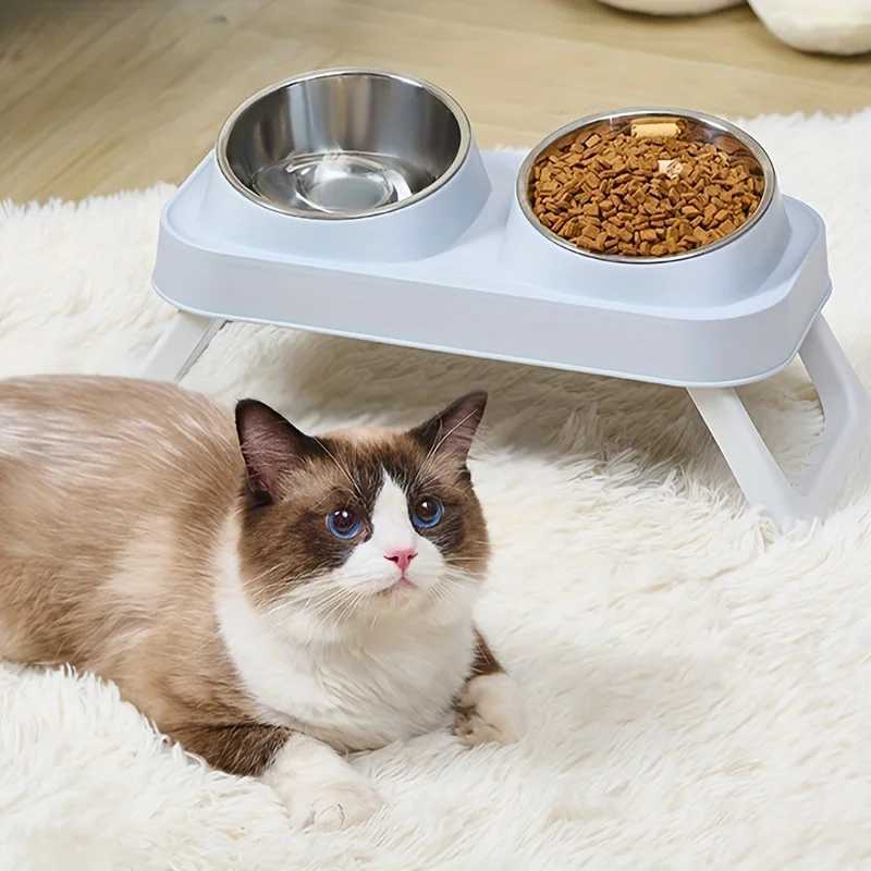 PlasticStainless Steel Foldable Cat Feeder NonSlip Pet Double Bowl With Stand Raised Cat Drinking Bowl Cat Accessories C251009