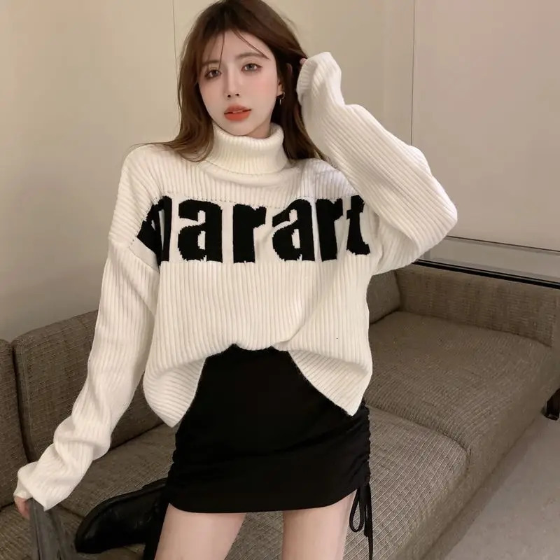 Turtleneck Sweater Women Autumn Winter Casual Korean Top Tee Loose Thick Knitting Pullovers Women Clothes Letter Trend Coat 251009