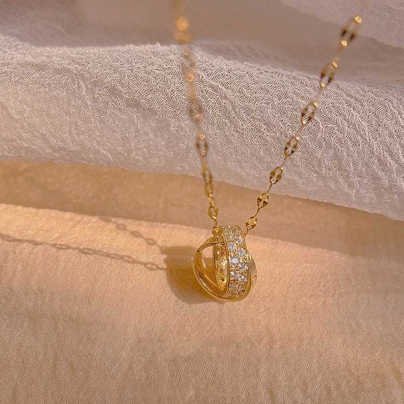 Stainl Steel Zircon Tren Exquisite Double Ring Round Chain Necklace for Women Girl High Quality Pendant Jewelry AAAXJ251010