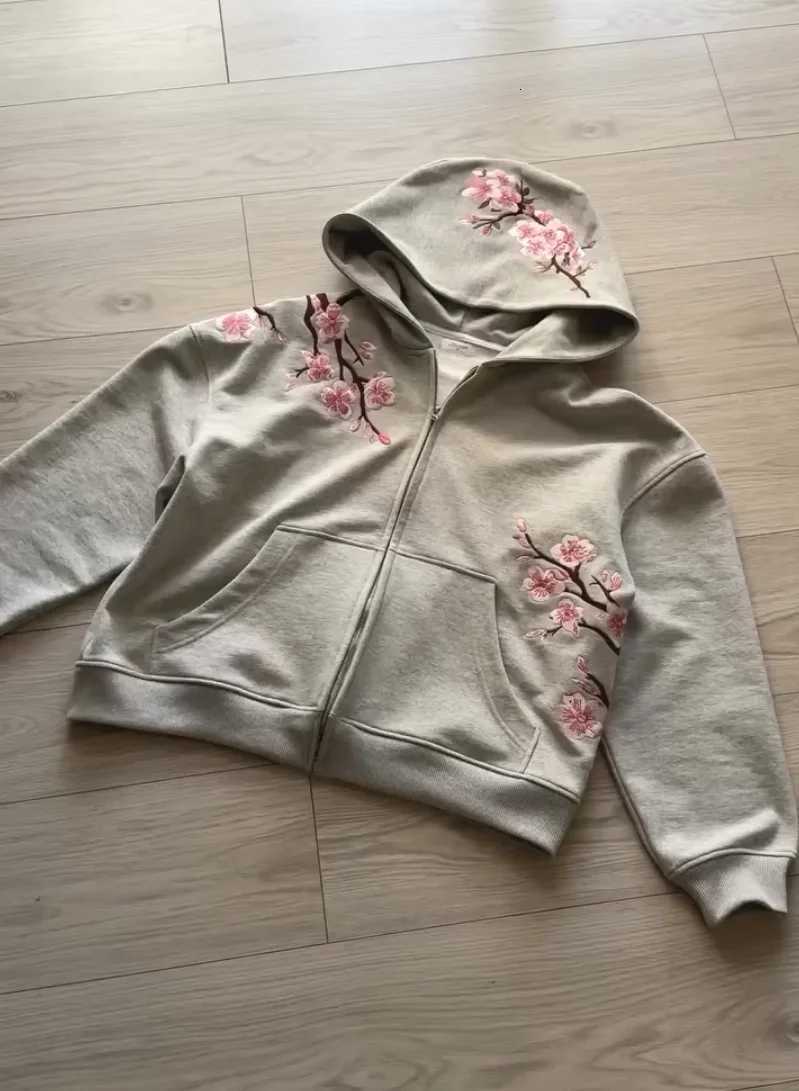 Y2K Vintage Oversized Cherry Blossom Embroidered Hooded Jacket Mens Womens Pink Zipper Coat Harajuku Hip Hop Graphic Streetwear W251010