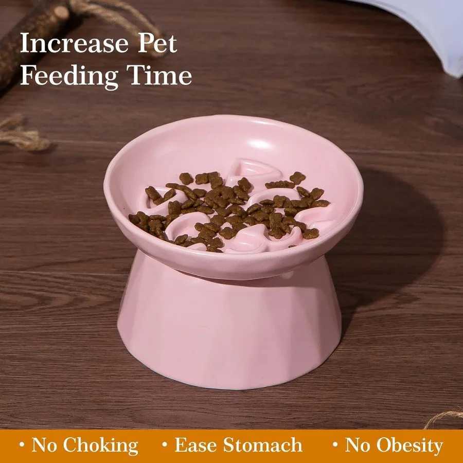 Slow Feeder Cat Food Wide Bowl Neck and Whisker Friendly Elevated Prevent Vomiting cat face Cat face Style Ceramic Color Pink C251009