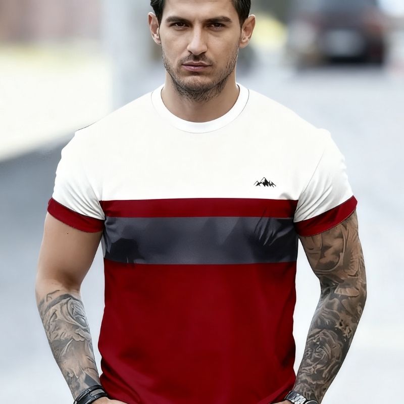 Men's Color Block Striped Casual T-Shirt - Retro Style Short Sleeve Tee-46