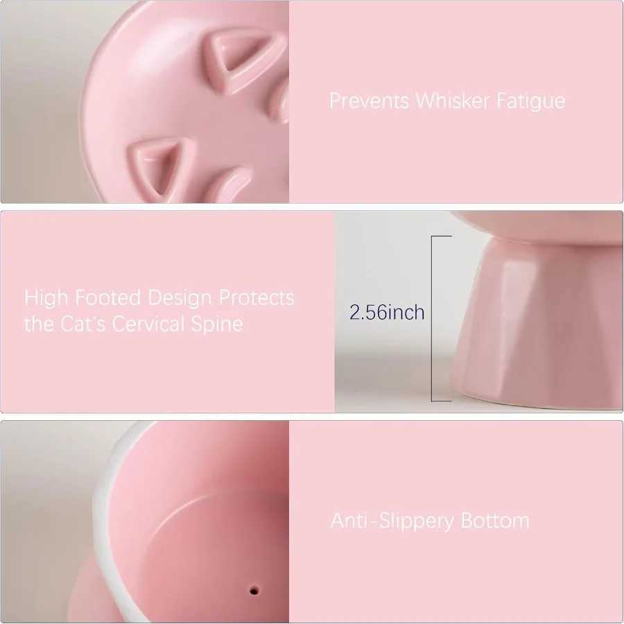 Slow Feeder Cat Food Wide Bowl Neck and Whisker Friendly Elevated Prevent Vomiting cat face Cat face Style Ceramic Color Pink C251009