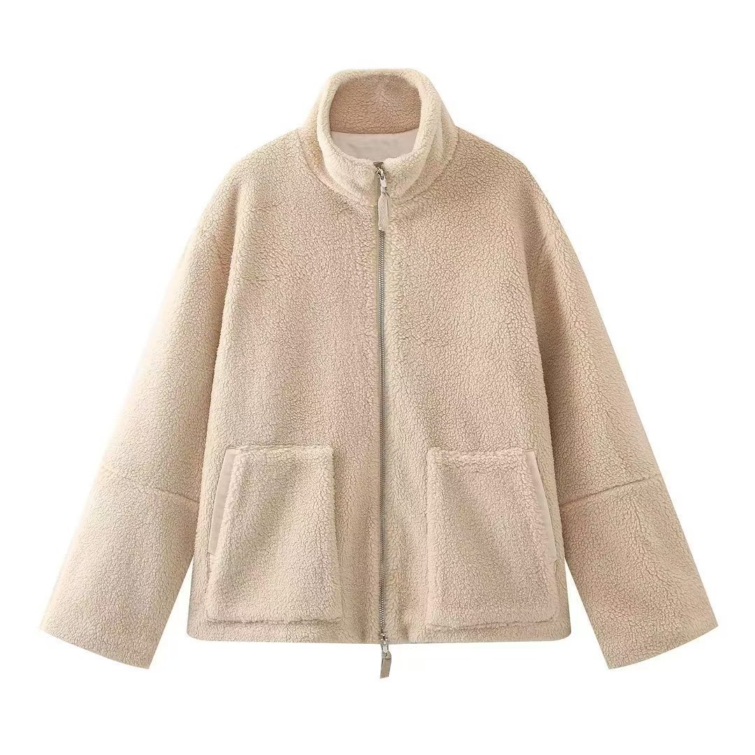 2025 Autumn Winter New Womens Solid Color Lazy Style Lamb Wool High Collar Woolen Coat A88888 241029