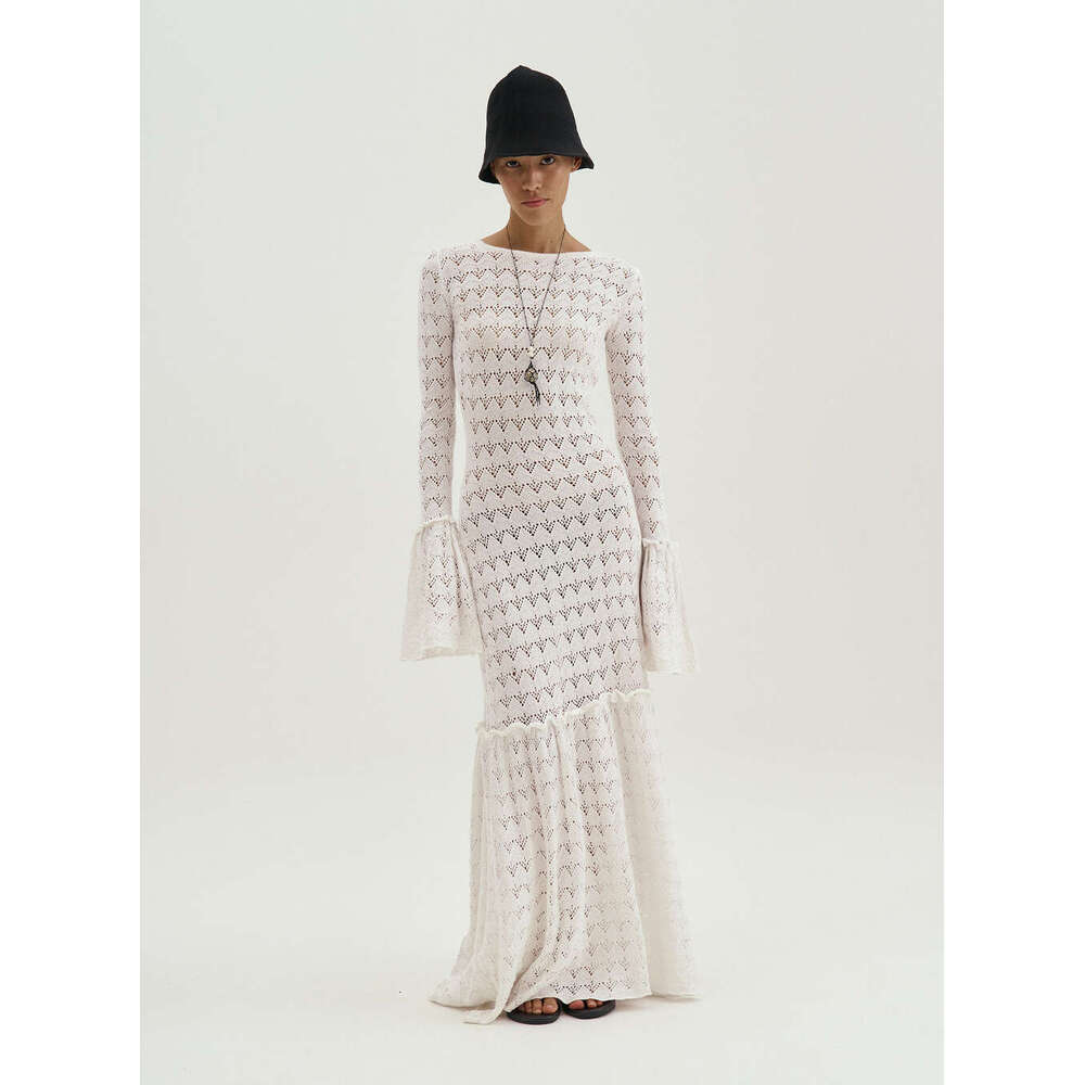 Long Sexy Hollow Out Patchwork Ruffle Sheer Russian Knitted Dress B5