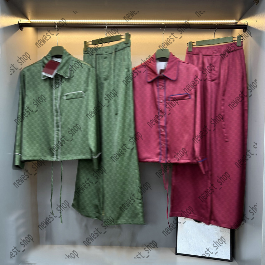 Designer Womens Two Piece Pants women letter Jacquard shirt and pants set Long sleeved shirt high waisted wide leg pant lady suits red green