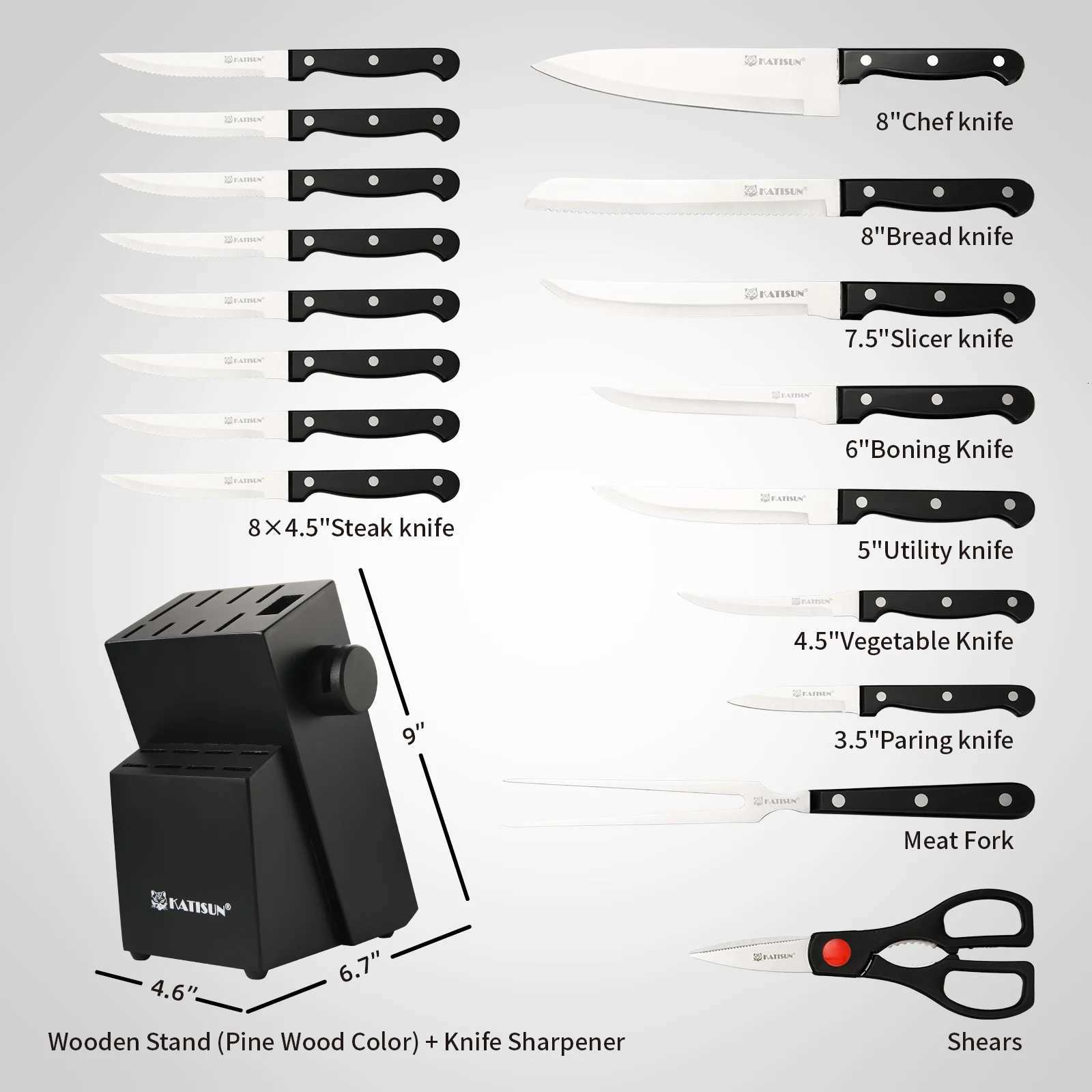 Kitchen knives 19 Pieces Carbon Steel Kitchen Knife Block Set Builtin Sharpener and Meat Fork German Steel Dishwasher Safe Y251010