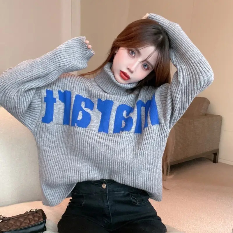 Turtleneck Sweater Women Autumn Winter Casual Korean Top Tee Loose Thick Knitting Pullovers Women Clothes Letter Trend Coat 251009